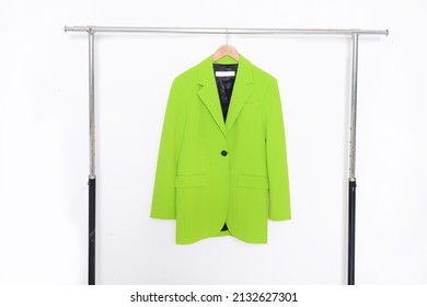 Fashion Formal Green Suit, Jacket Closeup On Hanger