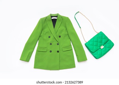 Fashion Formal Green Suit, Jacket Closeup With Green Handbag 