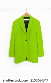 Fashion Formal Green Suit, Jacket Closeup On Hanger