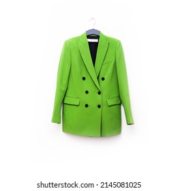 Fashion Formal Green Suit, Jacket Closeup On Hanging 