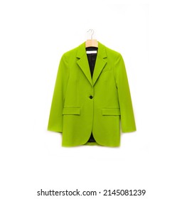 Fashion Formal Green Suit, Jacket Closeup On Hanging 