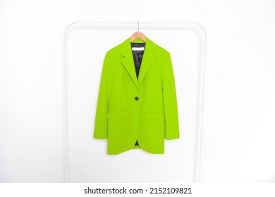 Fashion Formal Green Suit, Jacket Closeup On Hanger