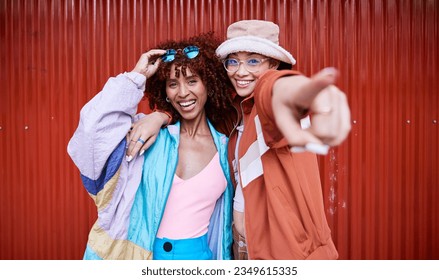 Fashion, gen z or portrait of friends in city on red background in streetwear with fashion or style together. Urban, women or excited people hug with happiness, smile or freedom on holiday vacation - Powered by Shutterstock