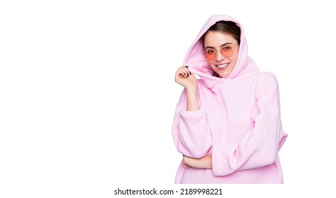 Fashion Girl Happy Smiling In Pink Hoodie Hooded Sweatshirt Isolated On White