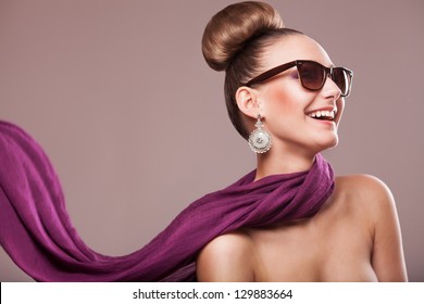 Fashion Girl With A Purple Scarf, Wearing Sunglasses, Updo