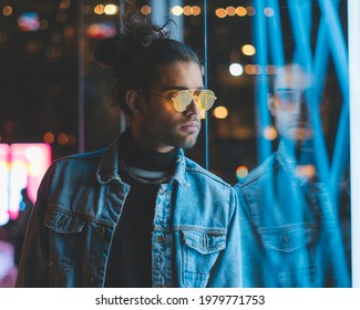 Fashion Guy Reflection On A Window, Colorful, Neon, Low Light Photography