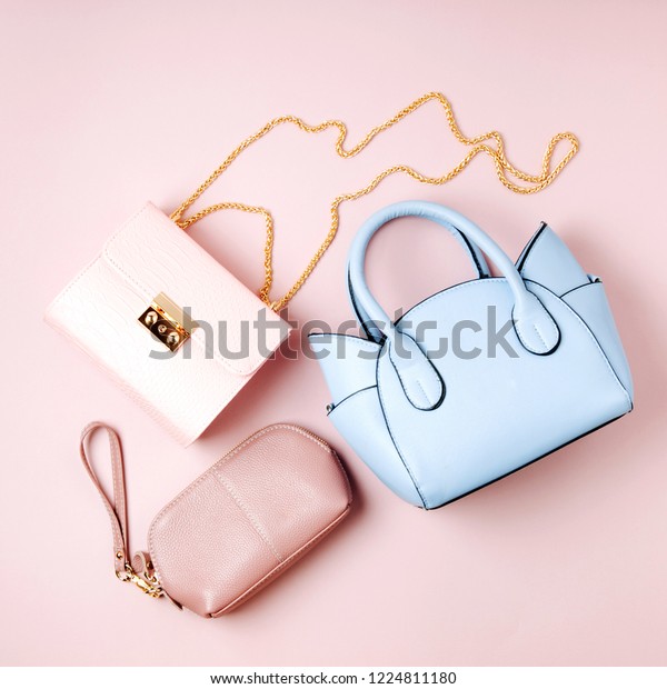 Fashion Handbags On Pale Pink Background Stock Photo (Edit Now) 1224811180