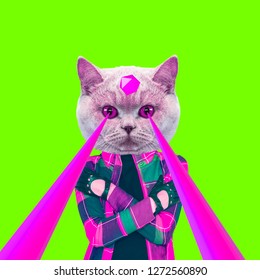 Fashion Hipster Cat With Lasers From Eyes. Animal Fun Collage Art