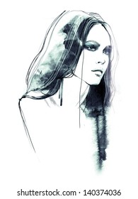A fashion illustration sketch portrait of a young beautiful girl with long dark hair
