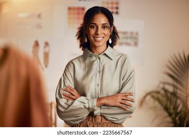 Fashion industry, black woman and designer portrait of clothing tailor with business vision. Smile, startup and small business entrepreneur with happiness and business growth feeling working success - Shutterstock ID 2235667567