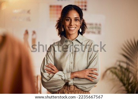 Photo of Fashion industry, black woman and designer portrait of clothing tailor with business vision. Smile, startup and small business entrepreneur with happiness and business growth feeling working success