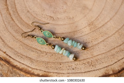 Fashion jewelry precious bijouterie. Handmade turquoise bronze long earrings.
