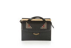 Fashion Ladies Accessories Women's Bags Black Leather With Spikes Red And Golden Messenger Bag Front