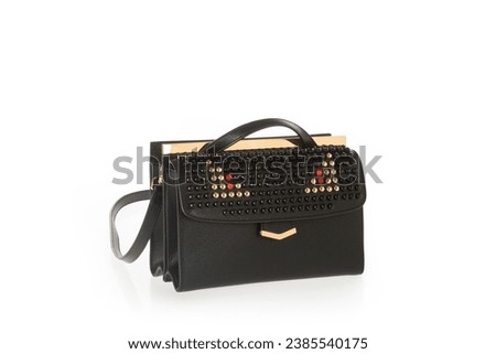 Fashion Ladies Accessories Women's Bags Black Leather with Spikes Red and Golden Messenger Bag Tilted