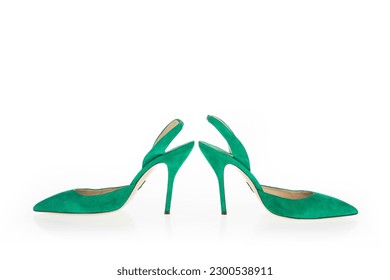 Fashion Ladies Shoes Women's Footwear Green Velvet Heels Pair Sides
