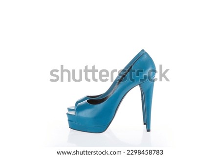 Fashion Ladies Shoes Women's Footwear Blue Leather Heels Pair Side