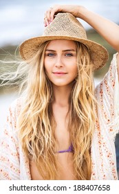 Fashion Lifestyle, Attractive Woman In Bikini And Sun Hat At The Beach