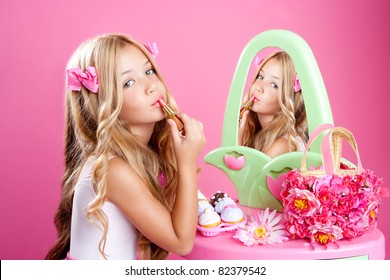 Fashion Little Doll Girl In Pink Vanity Mirror With Lipstick