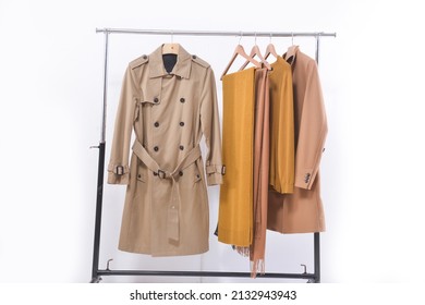 Fashion Long Brown Coat  Wir Sweater, Scarf On Hanger