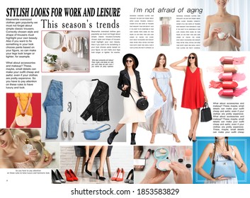 Fashion Magazine Page Spread Design. Articles And Different Images