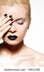 Fashion Make-up. Shiny Oil Skin, Black Lips, Nails