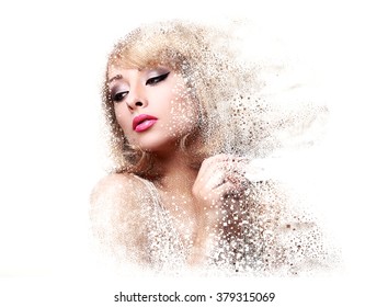 Fashion makeup woman with pink lipstick and pixel dispersion effect. Art closeup portrait isolated on white background
