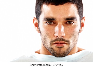 fashion male portrait with a very agressive and intense stare - isolated over a white background - Powered by Shutterstock