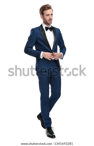 Fashion Man Blue Suit Buttoning His Stock Photo 1341693281 | Shutterstock