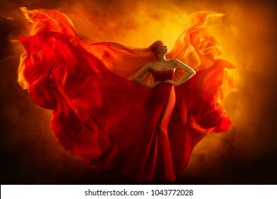 Fashion Model Art Fantasy Fire Dress, Blindfolded Woman Dreams in Red Flying Gown, Girl Beauty Portrait, Fabric Fluttering like Flame Wings