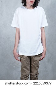 Fashion Model For Basic Apparel, Tshirt And Chino Pants Pose, Edgy Pose For Fashion Brand Mockup