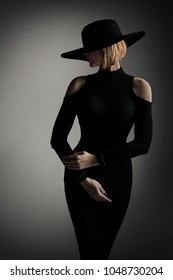 Fashion Model Black Dress Wide Brim Hat, Elegant Woman Retro Beauty Portrait, Lady Studio Shoot