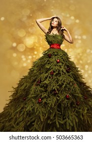 Fashion Model Christmas Tree Dress, Woman Xmas Gown, New Year Clothing Decoration