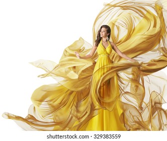 Fashion Model Dress, Woman In Flowing Fabric Gown, Clothes Flow On Wind, White Yellow