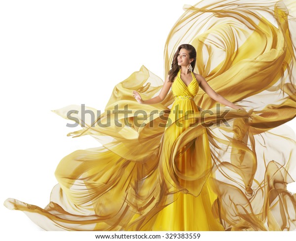 Fashion Model Dress, Woman in Flowing Fabric\
Gown, Clothes Flow on Wind, White\
Yellow