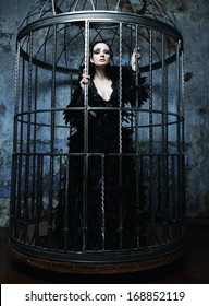Fashion model in fantasy dress posing in steel cage.