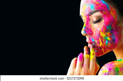 Fashion Model Girl Colorful Face Paint. Beauty Fashion Art Portrait, Beautiful Woman With Painting Smears, Abstract Makeup. Vivid Paint Make-up, Bright Colors. Multicolor Creative Make-up