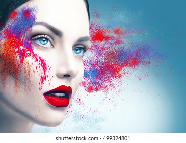 Fashion Model Girl Portrait With Colorful Powder Make Up. Beauty Woman Bright Color Makeup. Close-up Of Vogue Style Lady Face, Abstract Multicolor Make-up, Art Design. Makeup Pigment Powder Explosion