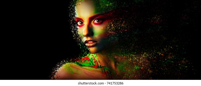 Fashion model girl portrait with colorful powder make up Beauty woman with bright color makeup Close-up lady face Abstract colourful make-up Art design. Black background. Copy space. Photoshop Effects
