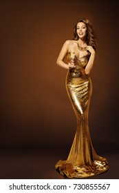 Fashion Model Gold Dress, Woman In Beauty Golden Gown With Champagne, Lady In Long Clothes