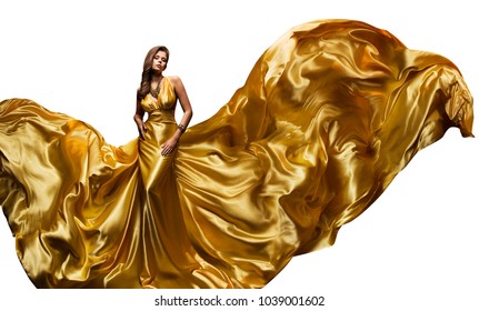 Fashion Model Golden Fly Dress, Elegant  Woman in Fluttering Gold Gown, Beautiful Girl and Silk Fabric Fly, Isolated on White Background - Powered by Shutterstock