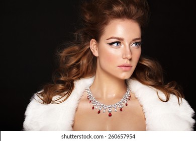 Fashion Model With Jewelry, Modern Natural Make Up. Black Background.