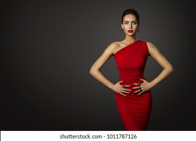 Fashion Model Red Dress, Elegant Woman in Sexy Evening Gown, Beautiful Girl Studio Shot on Black Background