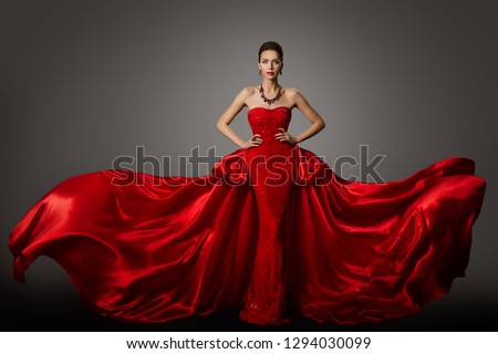 Fashion Model Red Dress, Woman in Long Fluttering Waving Gown, Young Girl Beauty Portrait