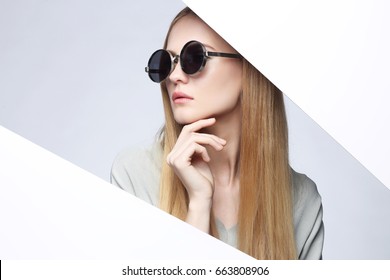 Fashion Model In Sunglasses, Beautiful Young Woman. 