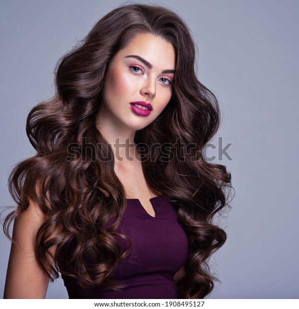 Fashion Model With Wavy Hairstyle Attractive Young Girl With Curly