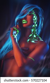 Fashion model woman in neon light, portrait of beautiful model with make-up, Art design of disco dancers posing in the UV, bright makeup. art photography