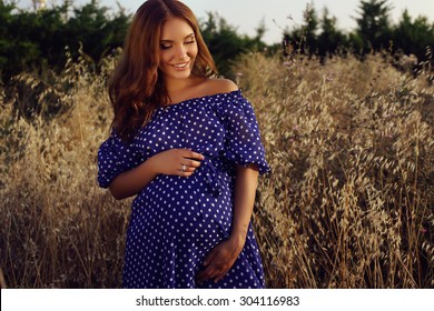 fashion outdoor photo of beautiful pregnant woman with dark hair wearing elegant dress posing in summer field