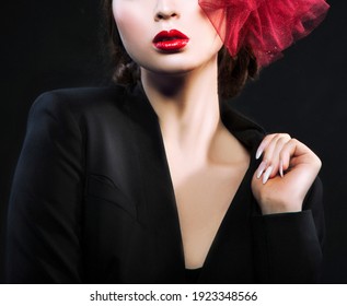Fashion partial portrait of beauty model woman wearing tuxedo, bright makeup