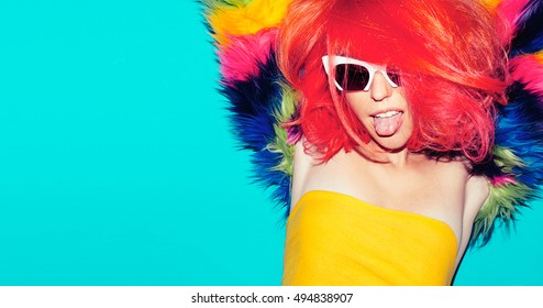 Fashion Party Time. Playful Girl With Bright Red Hair And Fur Coat.