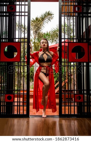 Fashion photo: A luxurious slender model in a red cape and black bikini stands between forged black and red gate. Fashion and Style